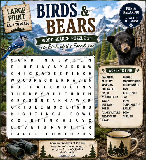 Birds & Bears — Printable Large Print Word Search | Instant Download PDF